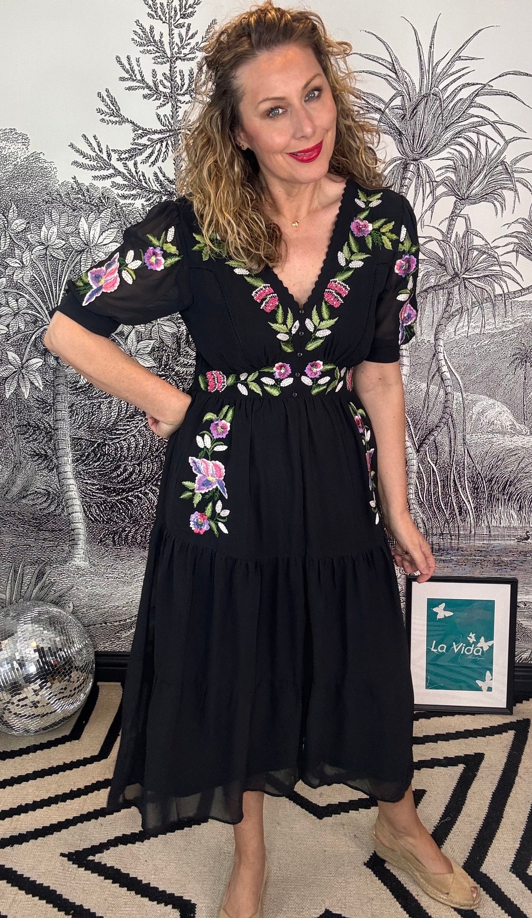 April embroidered Tie Sleeve V-Neck Midi Dress With Tiered Skirt