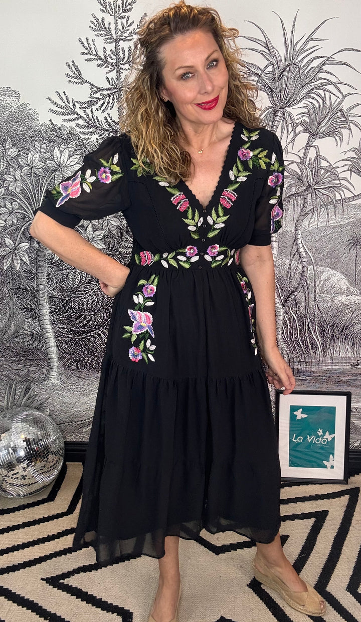 April embroidered Tie Sleeve V-Neck Midi Dress With Tiered Skirt