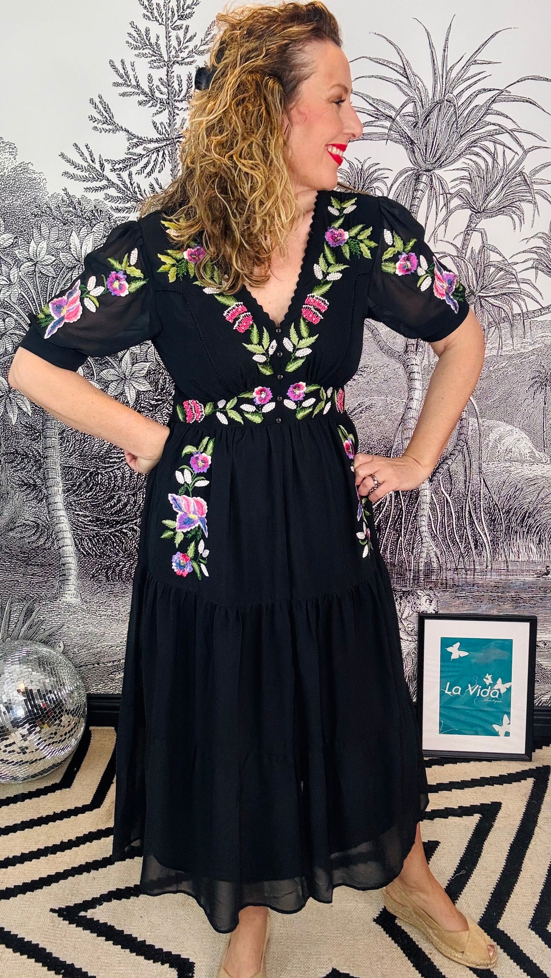 April embroidered Tie Sleeve V-Neck Midi Dress With Tiered Skirt