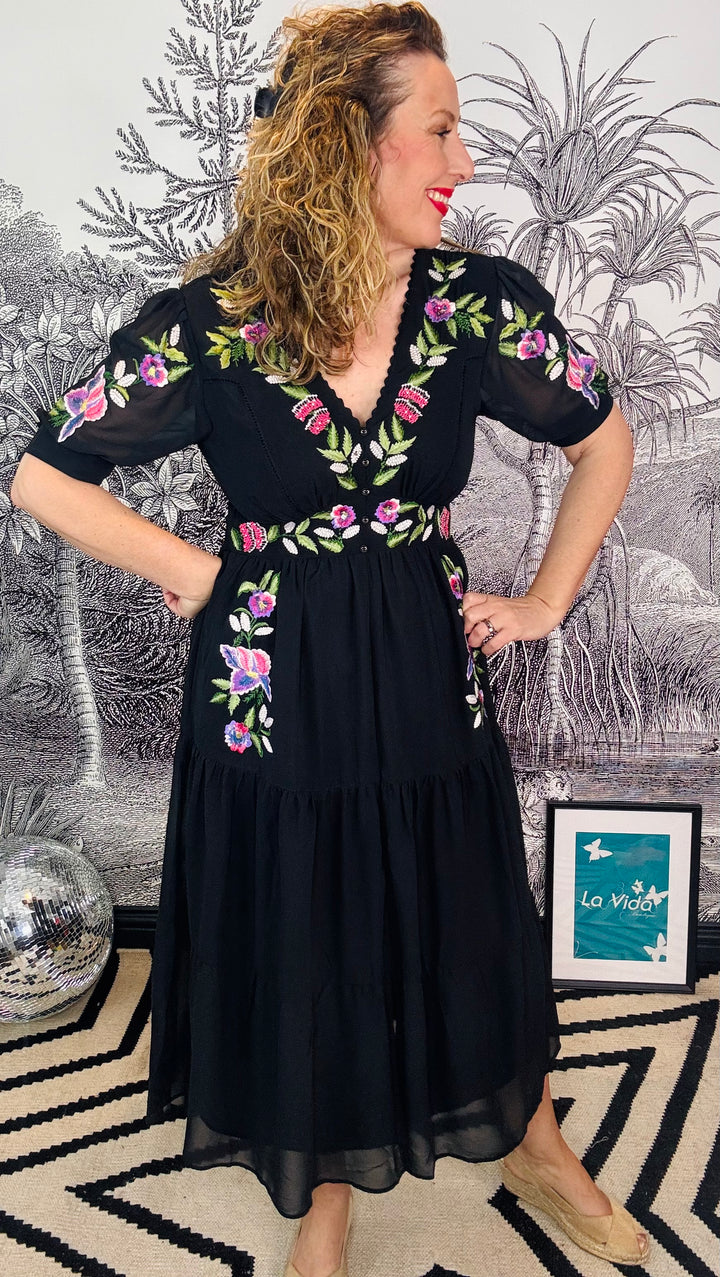 April embroidered Tie Sleeve V-Neck Midi Dress With Tiered Skirt