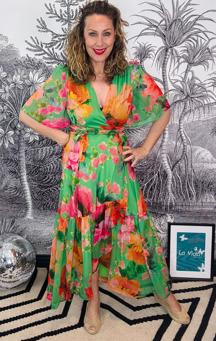 The Samantha Flutter Sleeve Maxi Wrap Dress with Tie Waist