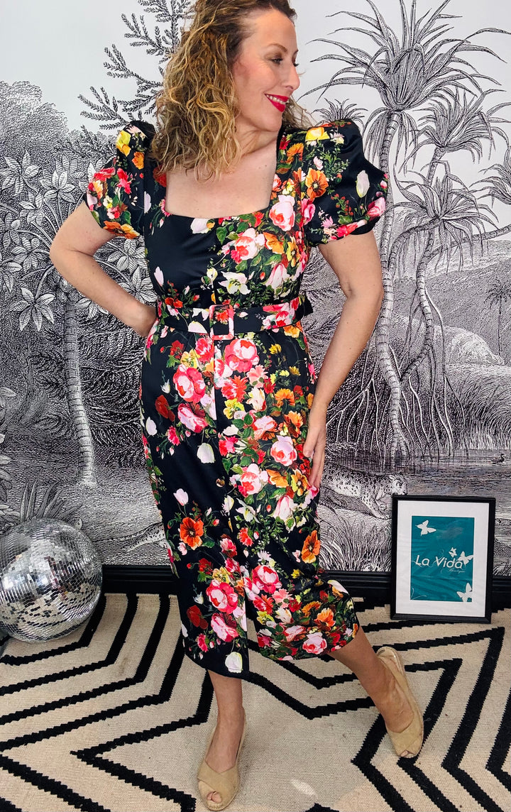 Trisha Puff Sleeve Square Neck Midi Pencil Dress