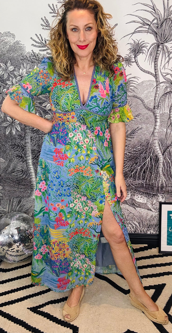 Hazel Frill Sleeve Thigh Split Open Back Maxi Dress