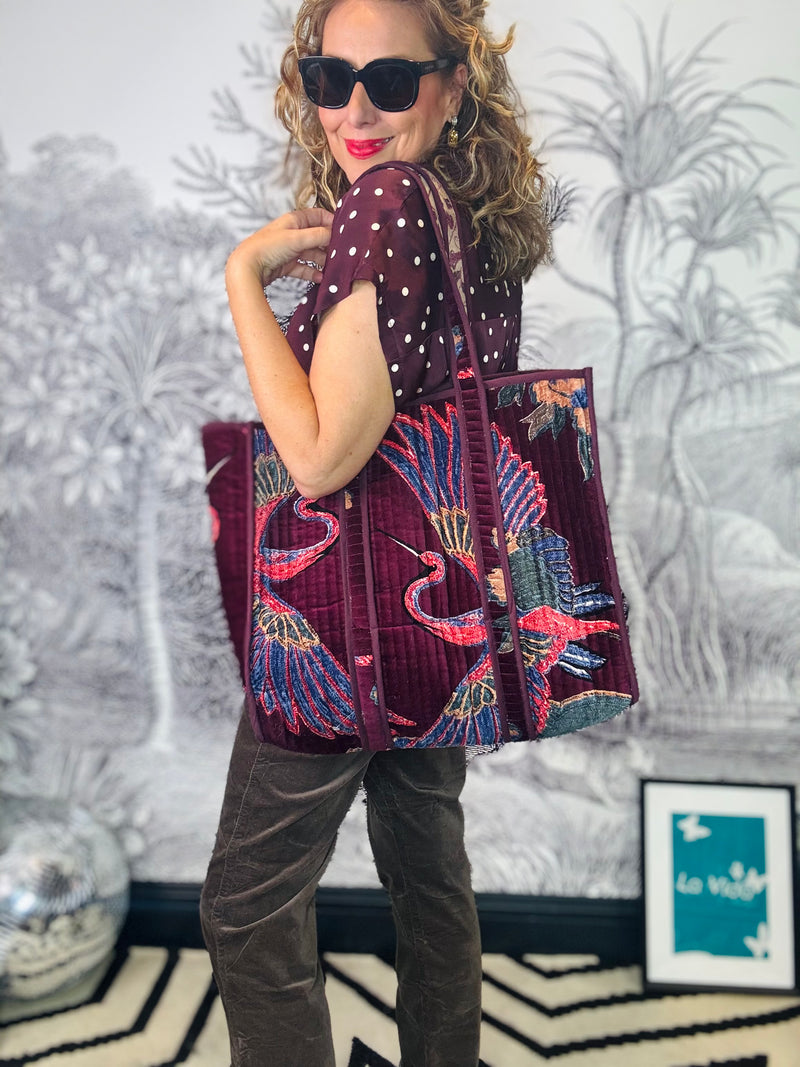 Crane Plum Large Velvet Tote Bag