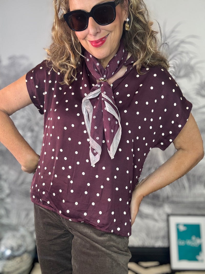 Valery Polka Dot Short Sleeve Blouse in Plum