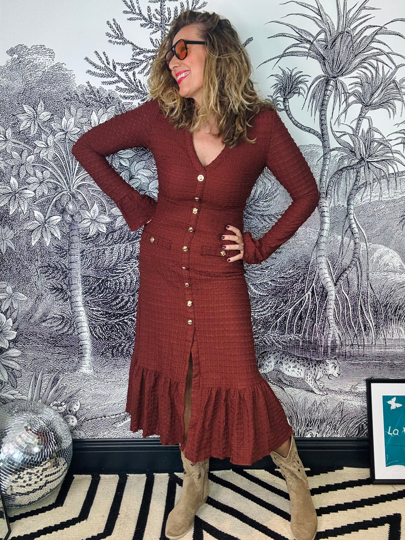 Jovie Gold Button Midi Dress with Flare Cuff