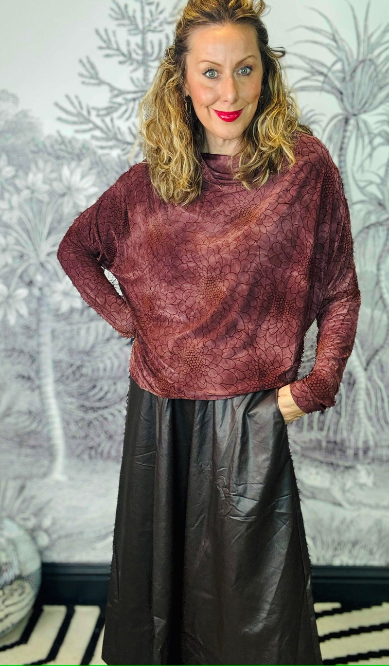 Tessa Flocked Floral Cowl Top in Plum