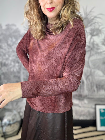 Tessa Flocked Floral Cowl Top in Plum