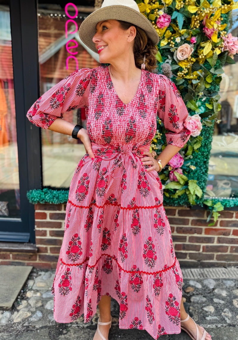 Grace Shirred Dress in Red Stripe Garland