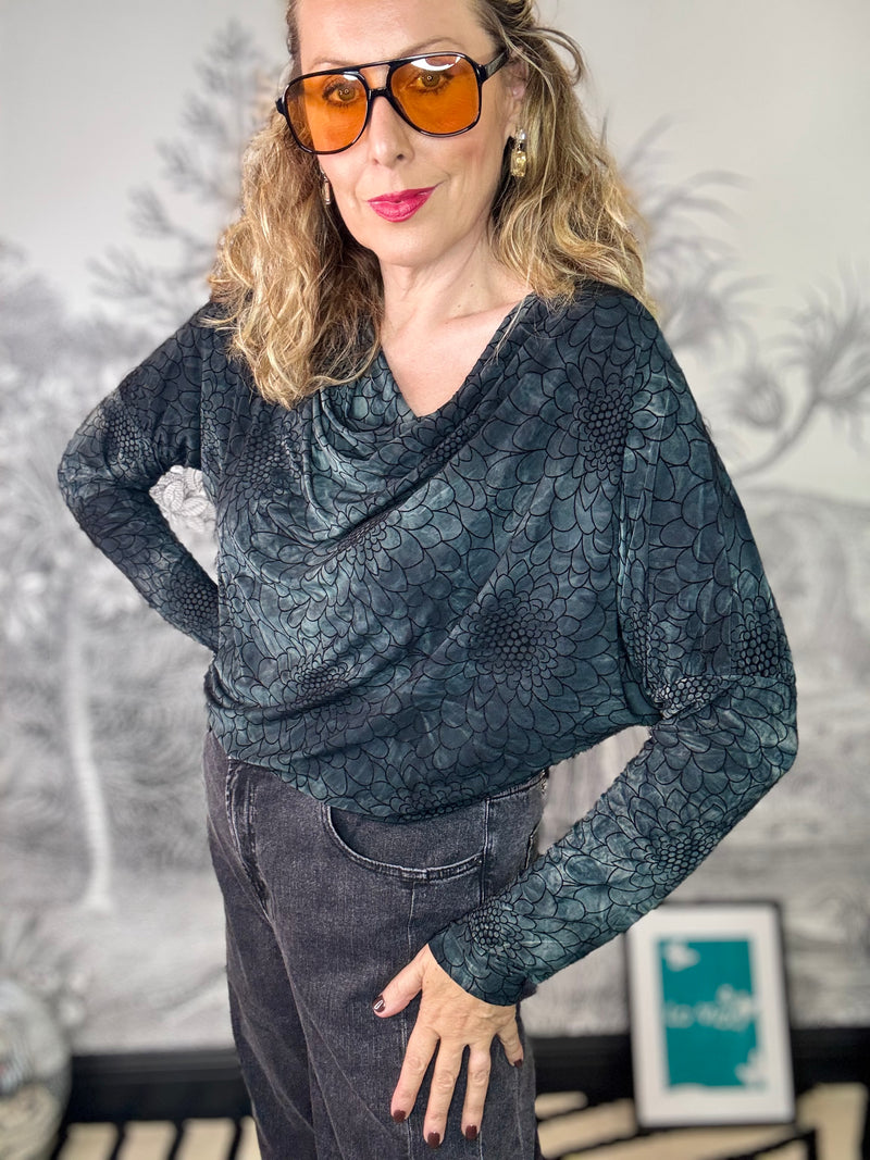 Tessa Flocked Floral Cowl Top in Charcoal