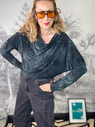 Tessa Flocked Floral Cowl Top in Charcoal
