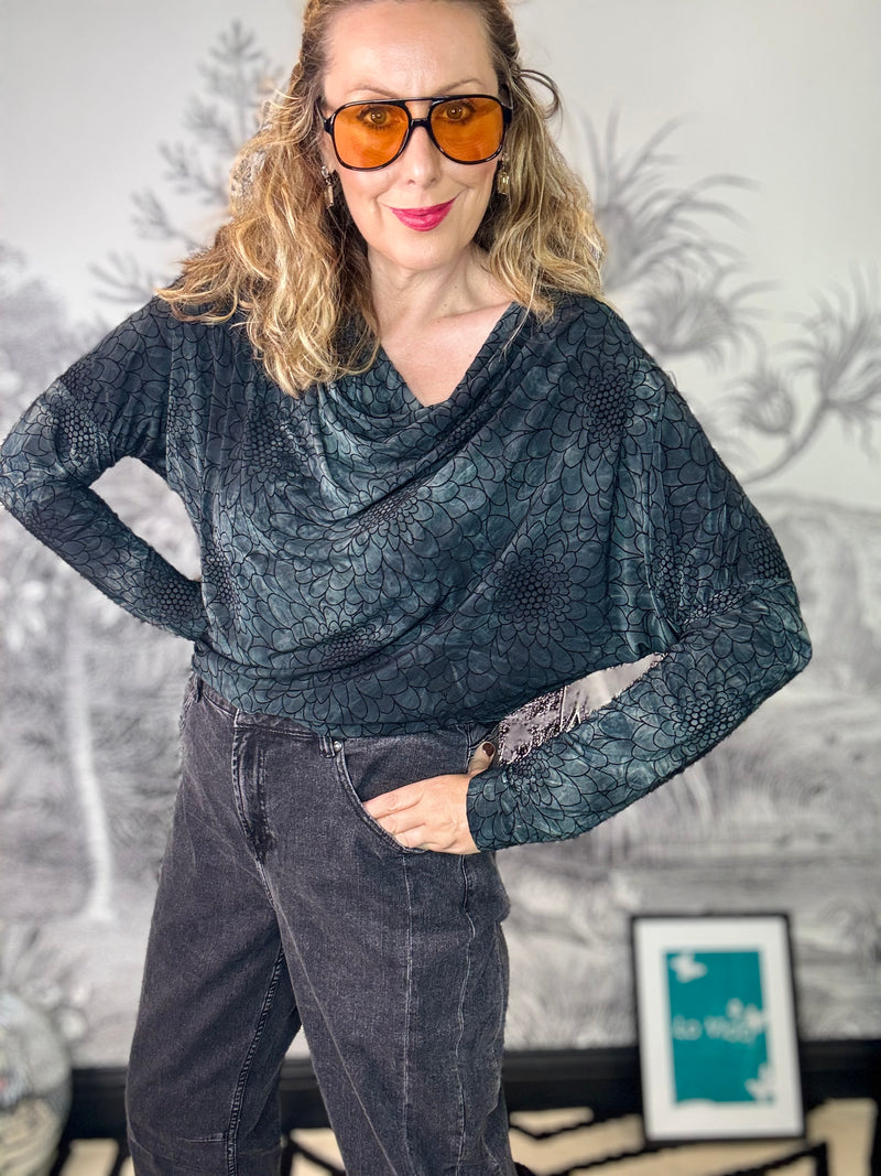 Tessa Flocked Floral Cowl Top in Charcoal