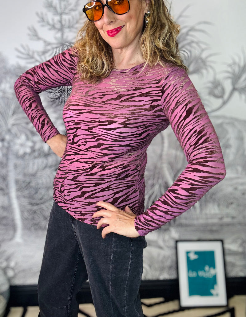 Zenia Zebra Flocked Mesh Top in Berry Rose
