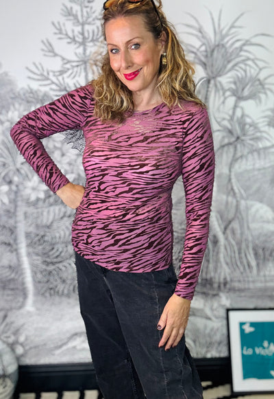 Zenia Zebra Flocked Mesh Top in Berry Rose