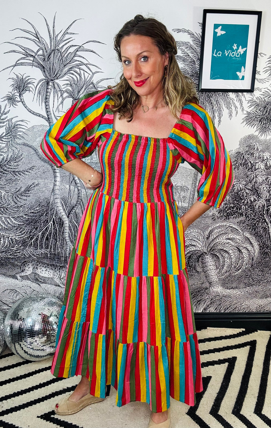 Honour Shirred Midi Dress in Carnivale Stripe