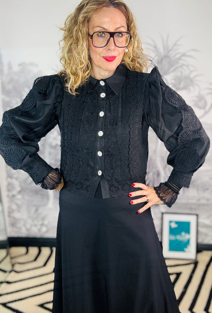 Esmerelda Embroidered Lace waist length Shirt in Black