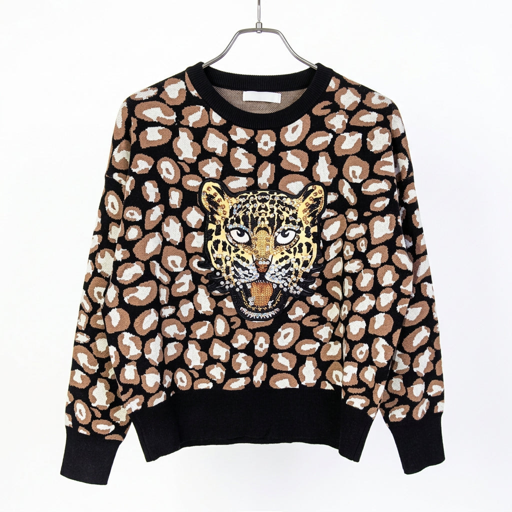Amy Luxe knitted animal design jumper with tiger embroidery patch on front