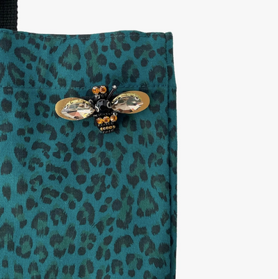 Large Shopper Tote with Bee Brooch in Teal Leopard