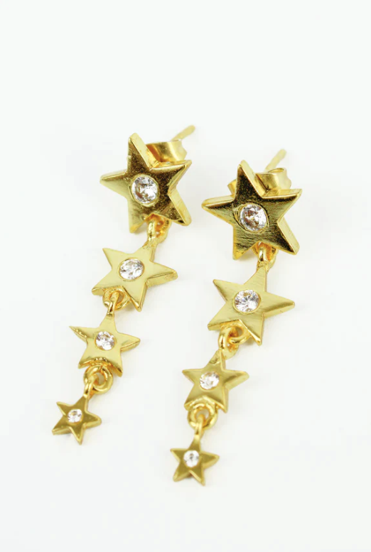 Cubic Zirconia Gold Drop Star Earrings