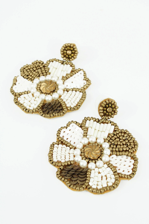 White & Gold Beaded Flower Earrings