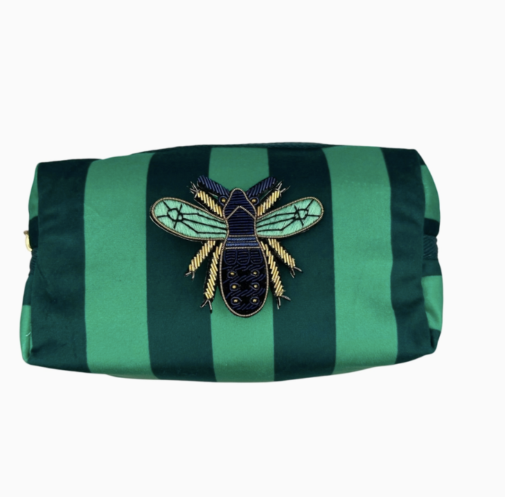 Bold Stripe Make-Up Bag with Insect Brooch