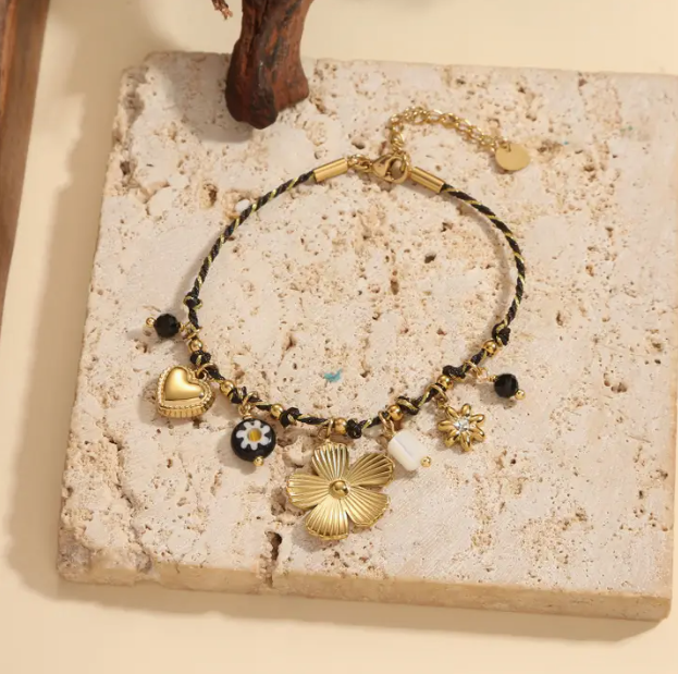 Braided Bracelet with Heart &amp; Flower Charms