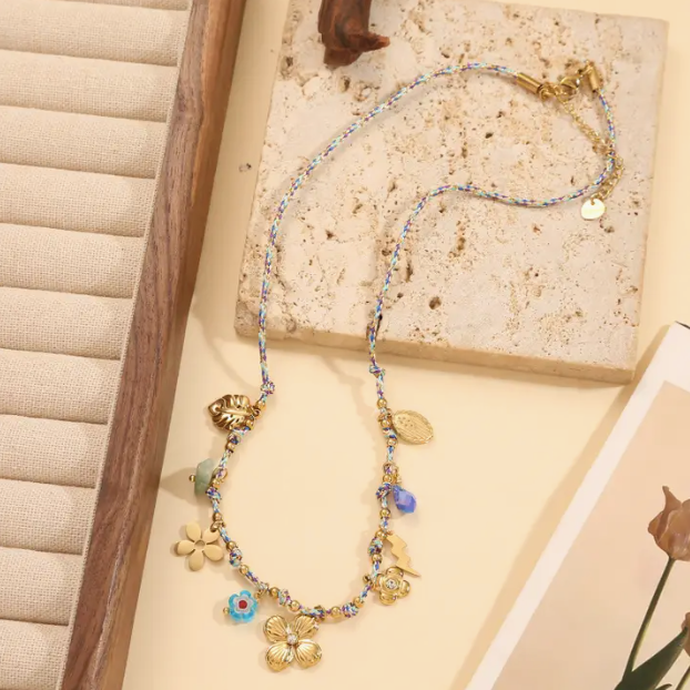 Braided Necklace with Flower &amp; Leaf Charms
