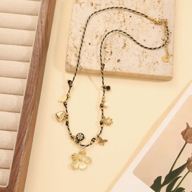 Braided Necklace with Heart &amp; Flower Charms