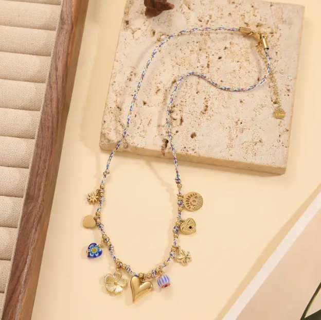 Braided Necklace with Heart &amp; Flower Charms