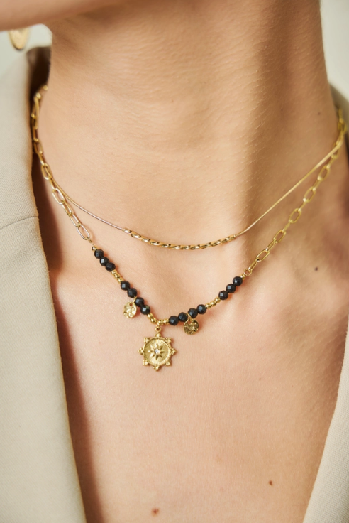 Natural Stone &amp; Hammered Tassel Necklace