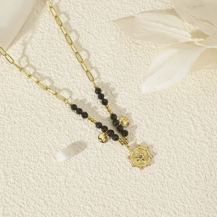 Natural Stone &amp; Hammered Tassel Necklace