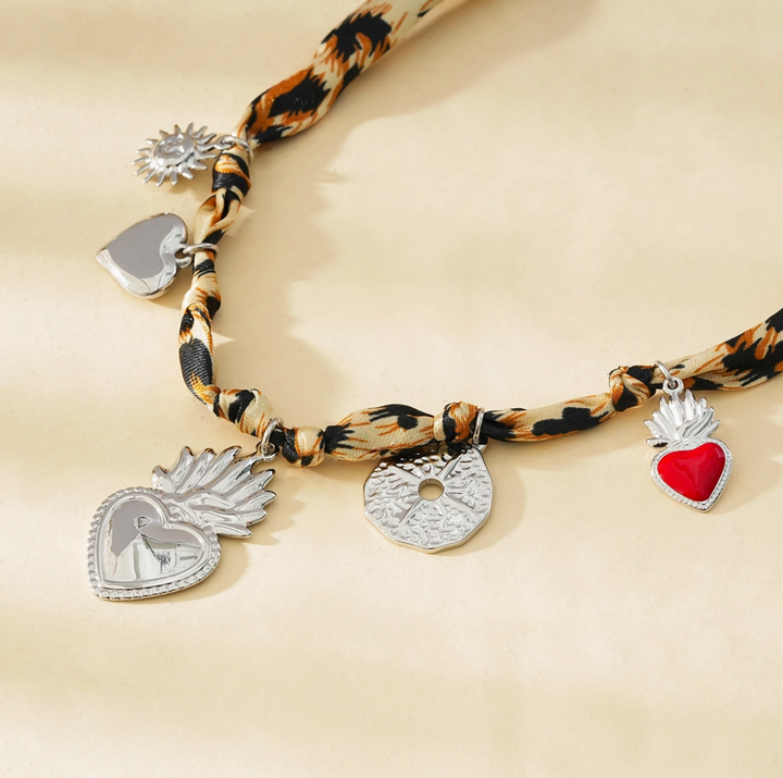 Leopard Fabric Necklace with Heart &amp; Sun Charms