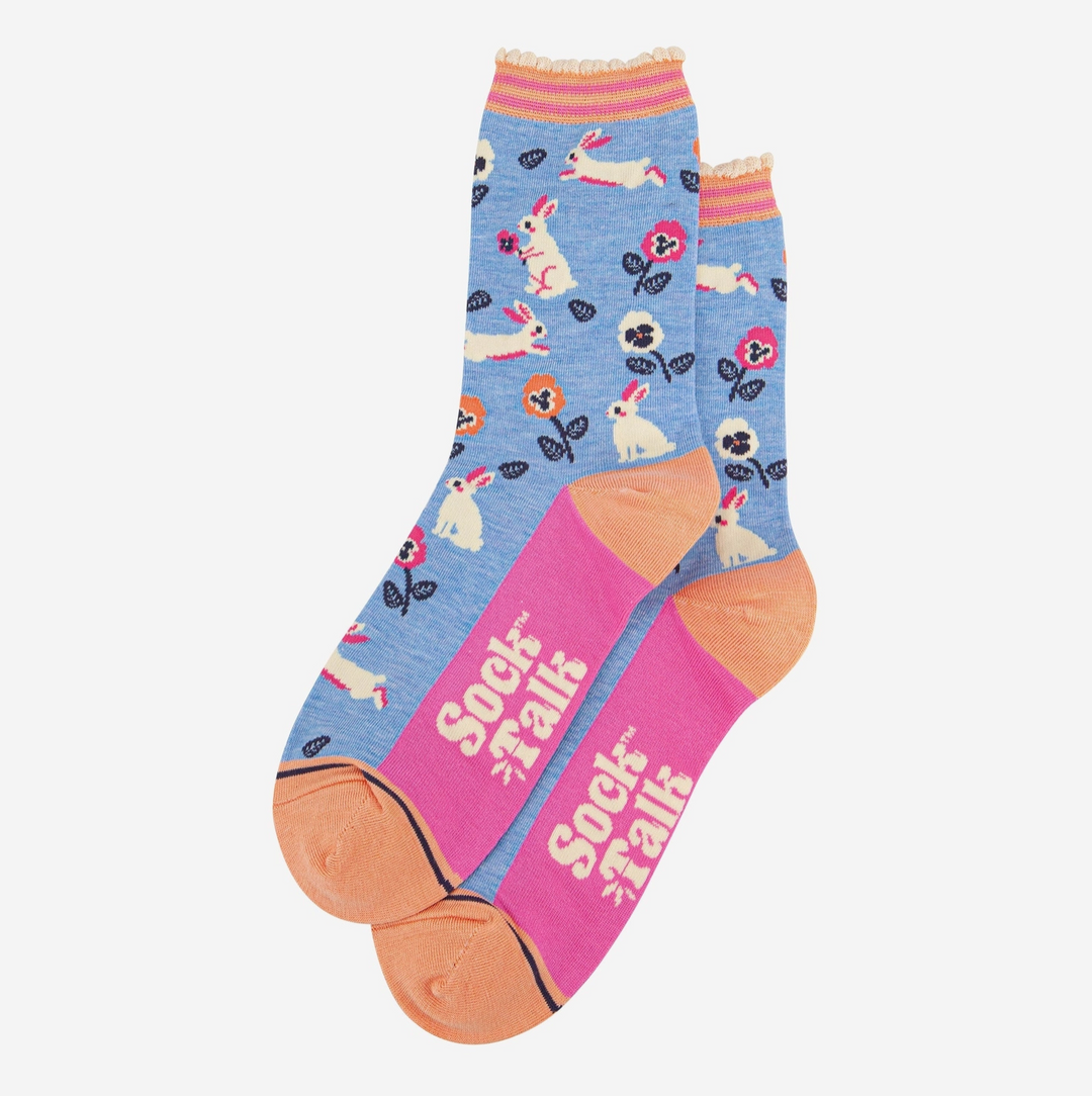 Baby Blue Rabbit Flowers Bamboo Socks