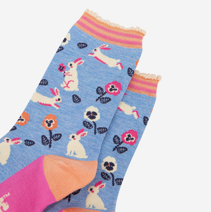 Baby Blue Rabbit Flowers Bamboo Socks