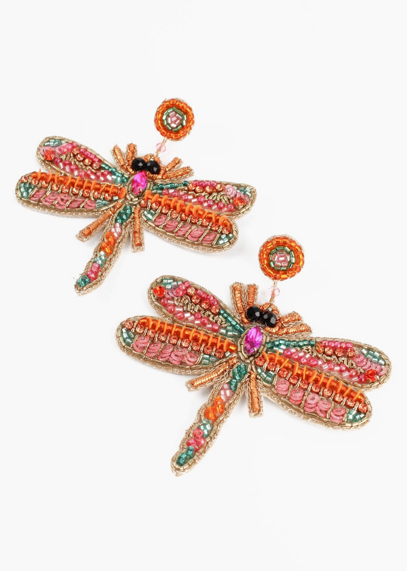 Beaded Pink Dragonfly Earrings