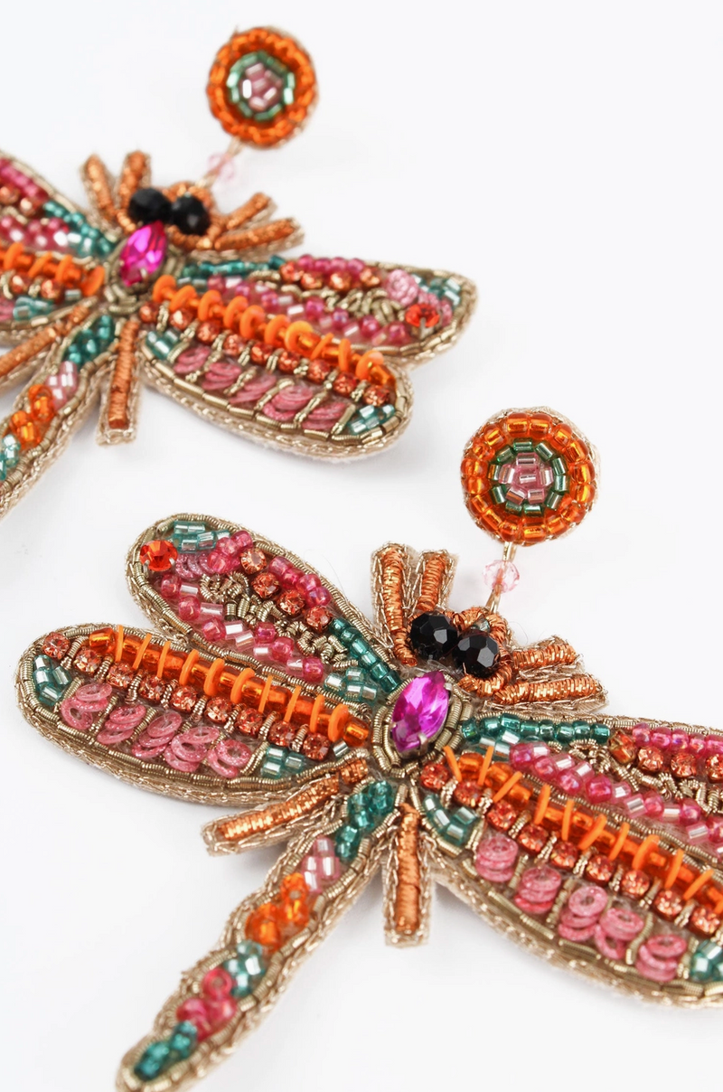 Beaded Pink Dragonfly Earrings