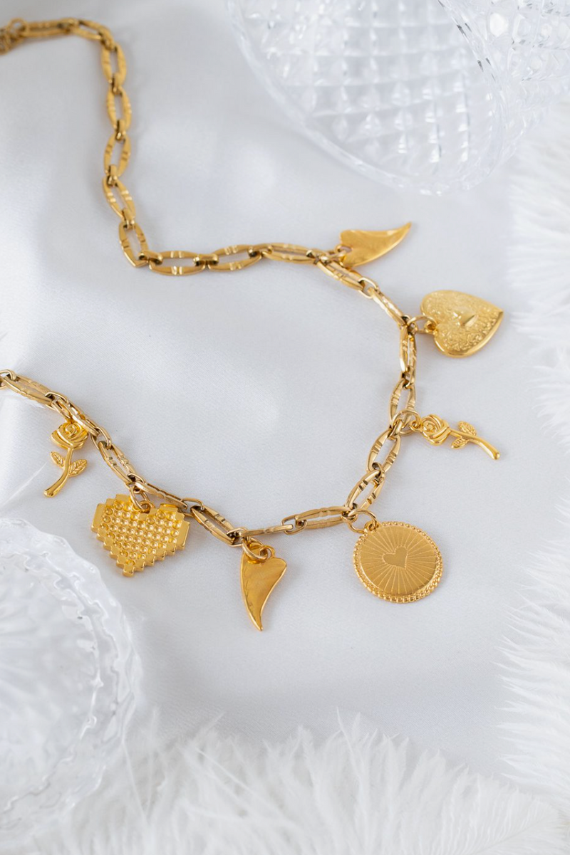 Gold Charm Necklace with Hearts & Roses