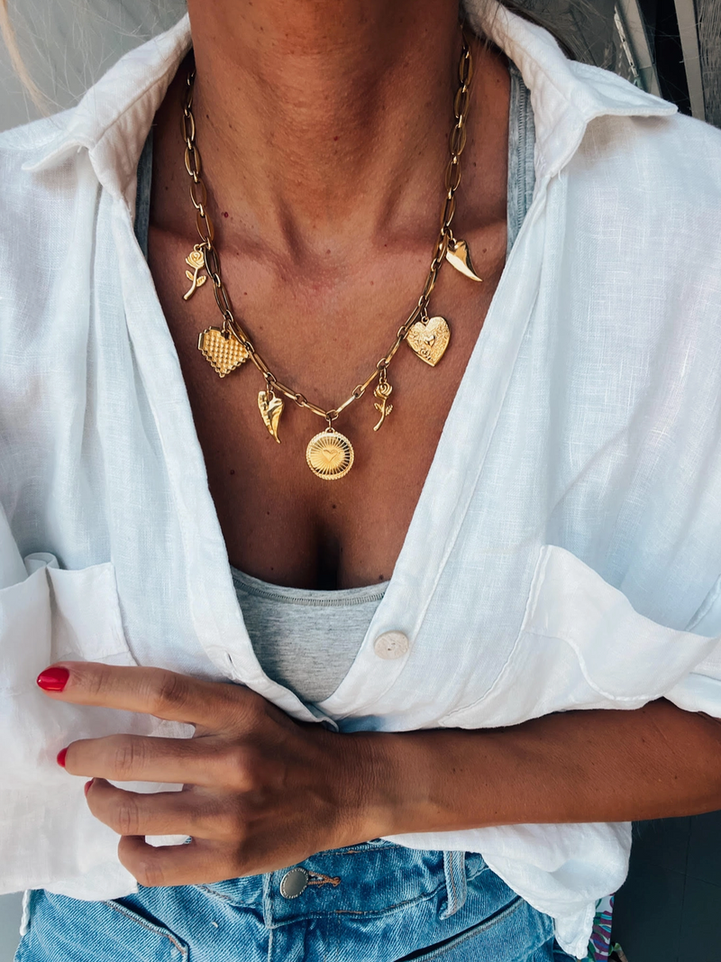 Gold Charm Necklace with Hearts & Roses