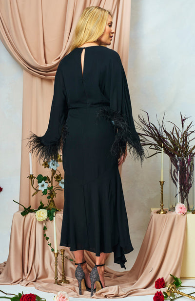 Helena Feather Trim Flutter Sleeve Midi Dress