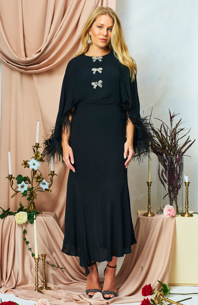 Helena Feather Trim Flutter Sleeve Midi Dress