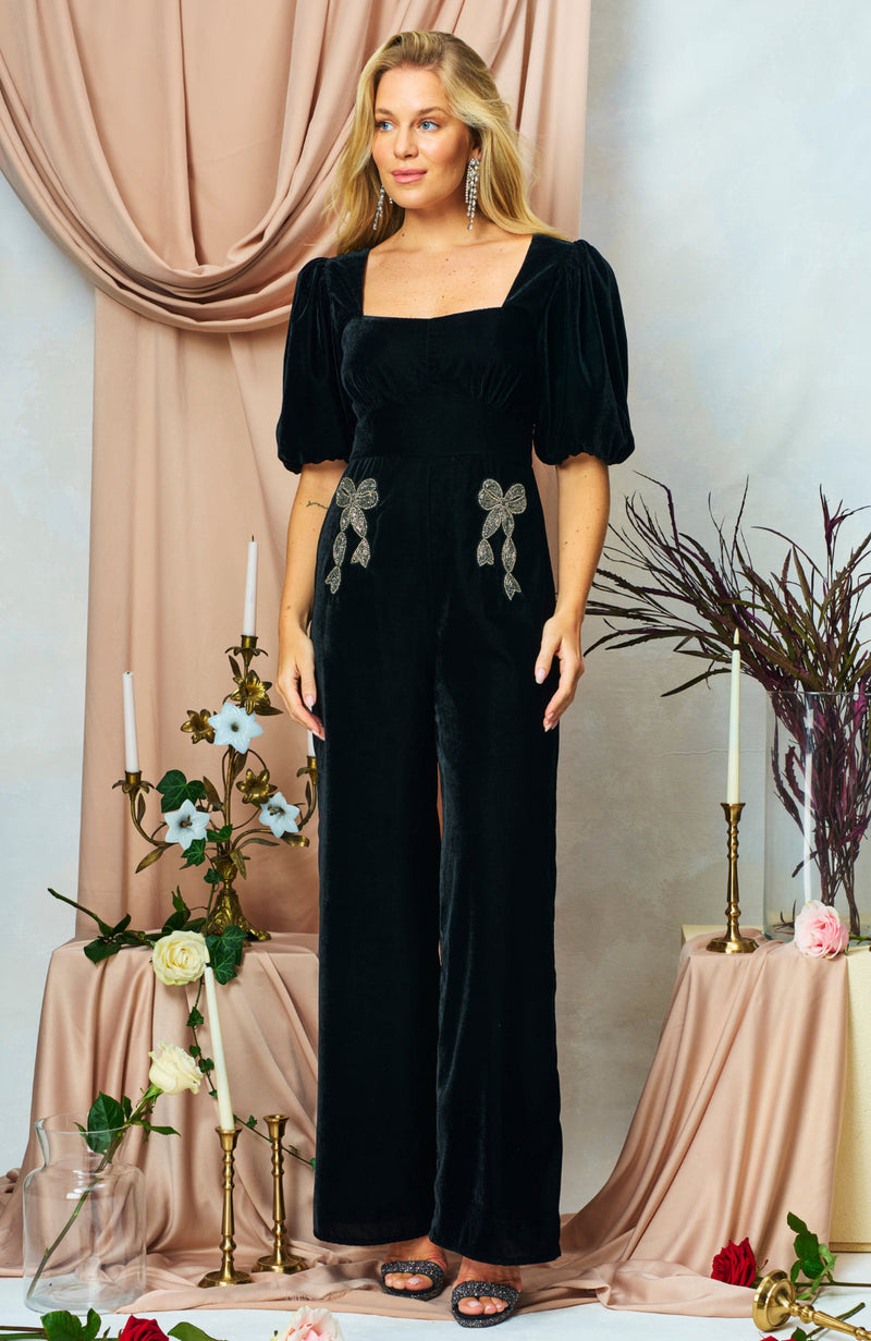 Chelsea Velvet Puff Sleeve Jumpsuit with Embellished Bow