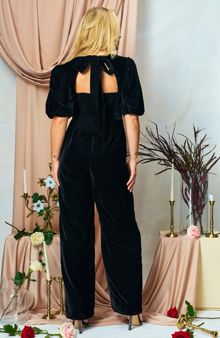 Chelsea Velvet Puff Sleeve Jumpsuit with Embellished Bow