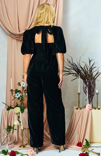 Chelsea Velvet Puff Sleeve Jumpsuit with Embellished Bow