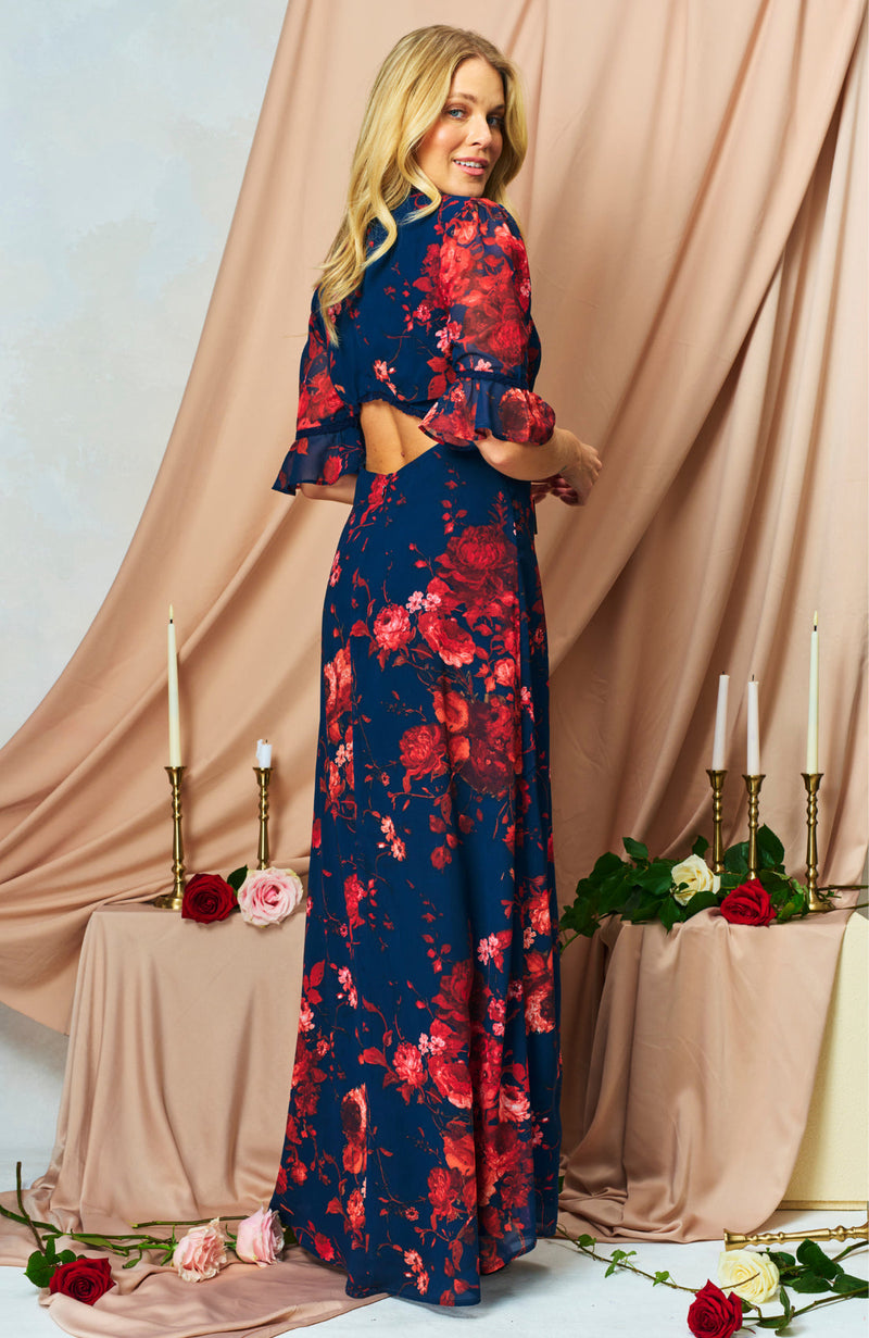 Coraline Frill Sleeve Open Back Maxi Dress