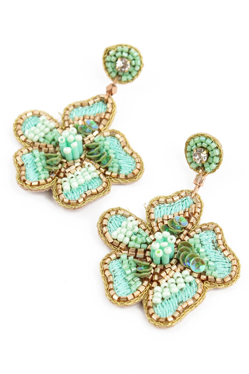 Mint Beaded Flower Earrings