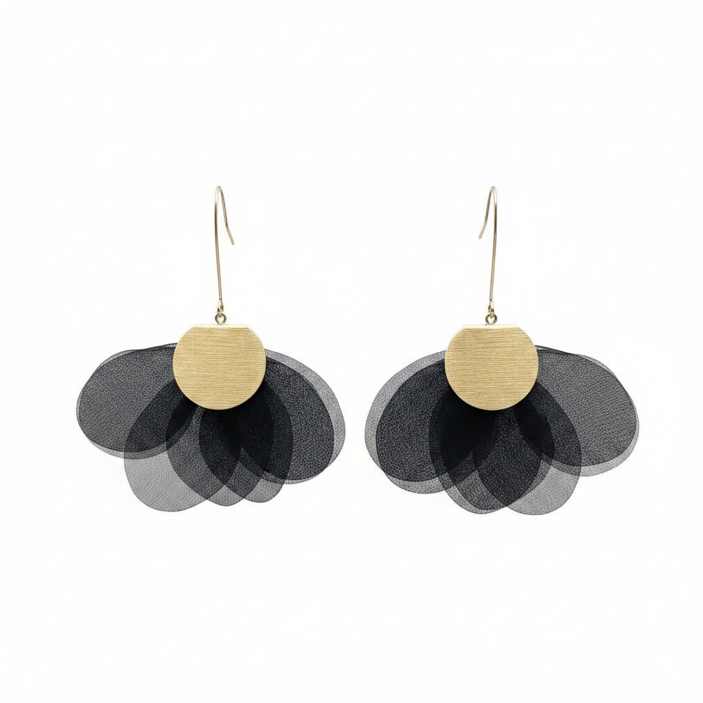 Light weight sheer fabric flower earrings with golden components