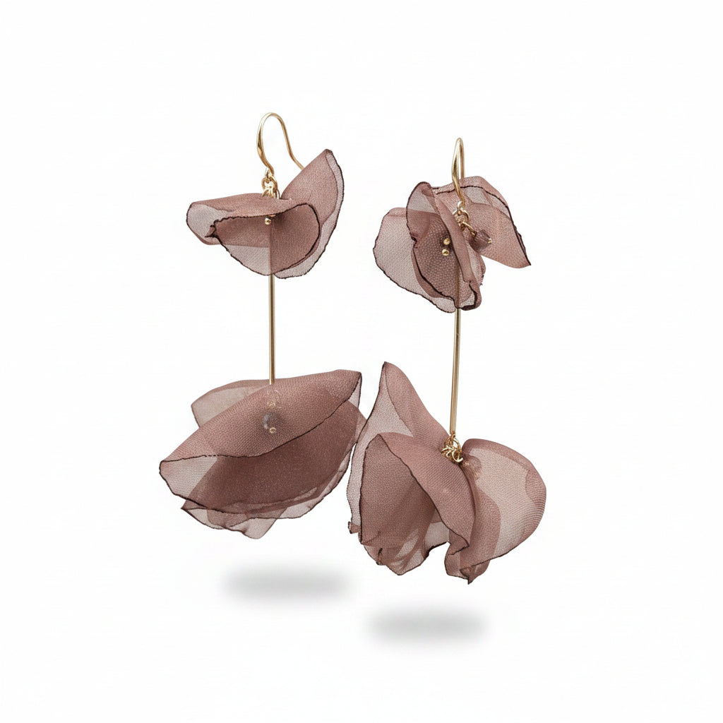 Light weight sheer fabric flower earrings with fine golden bar