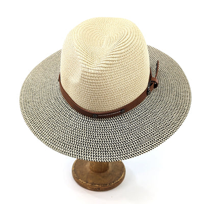 Foldable Panama Hat in Mottled Black/Natural with Brown Belt