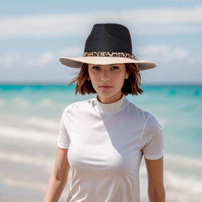 Foldable Panama Hat in Black/ Pale Pink with Leopard Band
