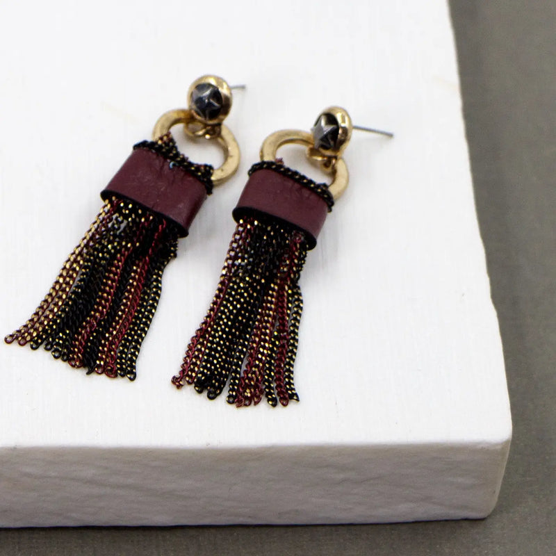 Burgundy Leather & Chain Dangle Earrings